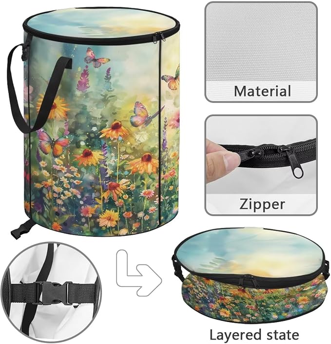 Daisy Floral Butterfly Print 24 Gallon Reusable Yard Waster Bag Garden Leaf Bin Collapsible Camping Trash Container Stand-up Waster Bin with Lid and Handles
