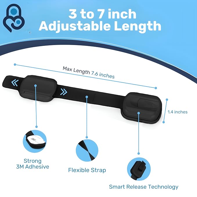 Baby Proof Me Child Safety Cabinet Locks - Baby Proofing Straps & Latches | 12 Pack Adhesive Safety Latches for Cabinets, Drawers, Fridge, Oven, Toilet & Trash Can, Strong 3M Adhesive - Black