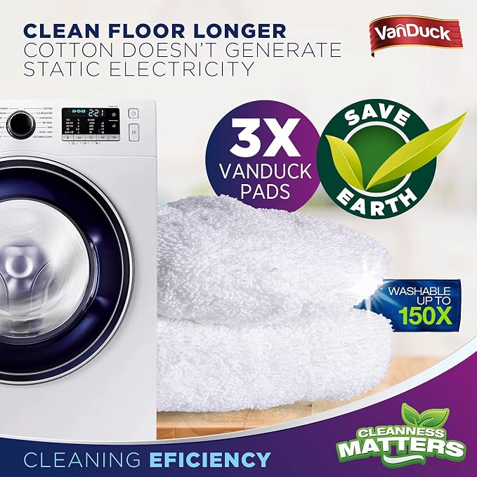 VanDuck 100% Cotton Terry Mop Pads 15x8 Inches, 3-Pack (Mop Not Included) | Reusable terry cloth mop covers, cotton replacement pads, floor cleaning refills, machine washable