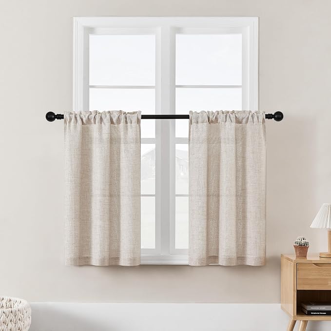 Linen 36 Inch Curtains for Kitchen Window Bathroom Bedroom 2 Panels | Light Filtering Semi Sheer, Chic Boho Farmhouse Drapes, Light Coffee Beige Tan, Small Short Cafe Curtain, Rod Pocket, W25xL36