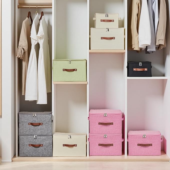 Storage Bins with Zipper Lids Decorative Lidded Baskets Boxes | Clothes Container, Closet Shelf Organizer, Foldable Washable, Cotton Linen Fabric, w/ PU Leather Handles, Pink, Small