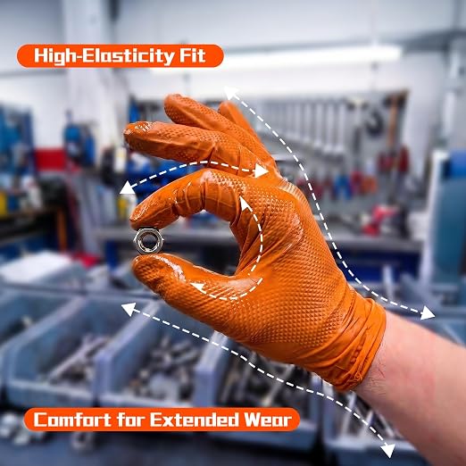 10 Mil Heavy Duty Mechanic Nitrile Gloves, Large Orange 100 Count | Diamond Grip,Latex Free,Chemical Resistant Disposable Thick Rubber Gloves for Auto Repair, Industrial, Food, Work ,BBQ,Men