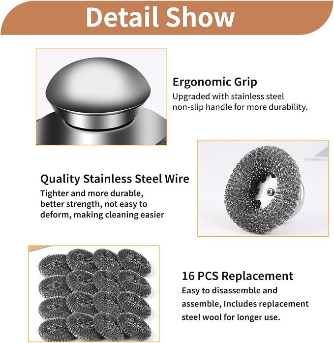 15pcs Steel Wool Scrubber with Replacement Wire Sponge Pads, Steel Scrubber | Stainless Steel Scrubber with Handle for Scouring Stubborn Messes from Cast Iron, Pots, Grill, Stoves, (3 Scrub+12 Pads)