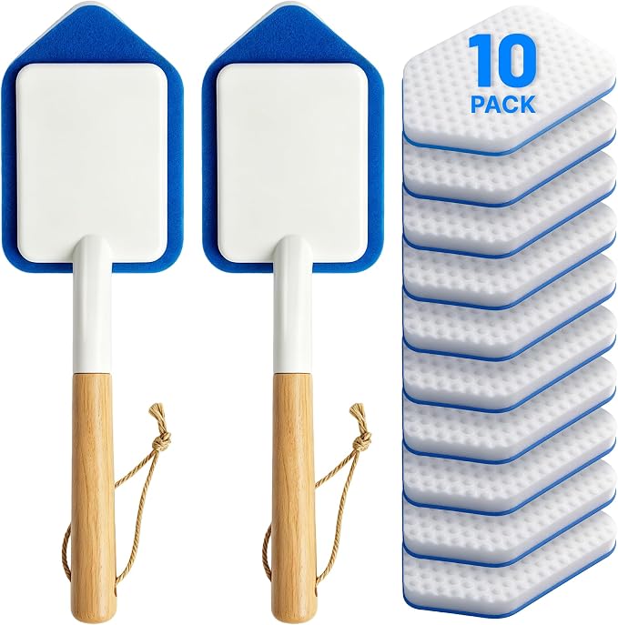 Silkyhose 2Pcs Tub Tile Scrub Brush,10 Melamine Sponge Replacement Heads | Non-Scratch. Versatile & Durable. Household Cleaner with Wooden Handle. Erasers for Grout, Sink & Shower Walls