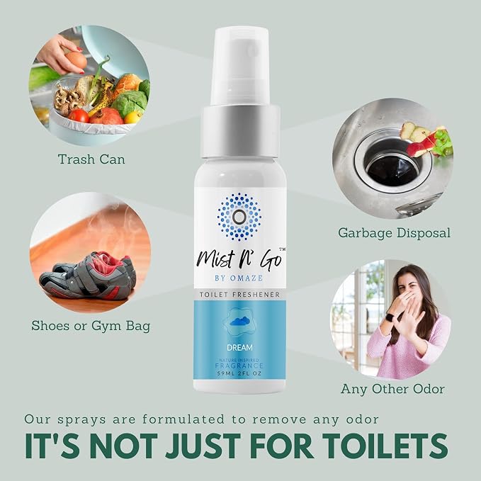 Mist N' Go by Omaze Travel Toilet Spray - Odor Eliminator and Bathroom Air Freshener Deodorizer - Dream Daily Pack (2oz x1 + 1oz x1)