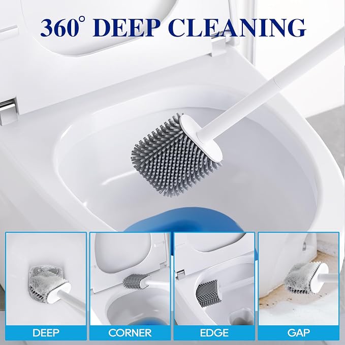 Silicone Toilet Bowl Brush with Holder, 2 Pack, White | Ventilated Holder, Floor Standing & Wall Mounted, Toilet Cleaner Brush for RV Travel, Camper, Family Bathroom