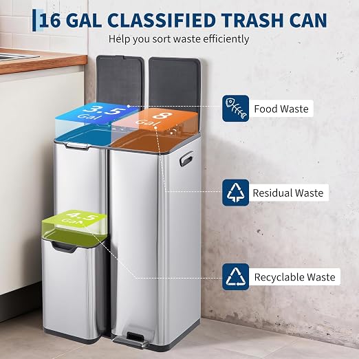 TrailBlaze Triple Compartment Stainless Steel Trash & Recycling Bin Combo – 16 Gallon, Removable Inner Buckets, Collapsible Foot Pedal – Step-On Garbage Can for Kitchen, Home, Office