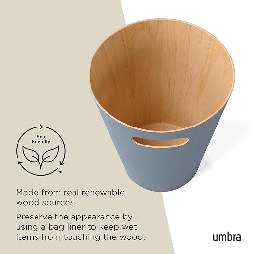 Umbra Woodrow Trash Can, Wooden Wastebasket, 2 Gallon, Slate Blue | Beech wood construction, integrated carry handles, two-tone design, durable build, fits small spaces, bathroom or office