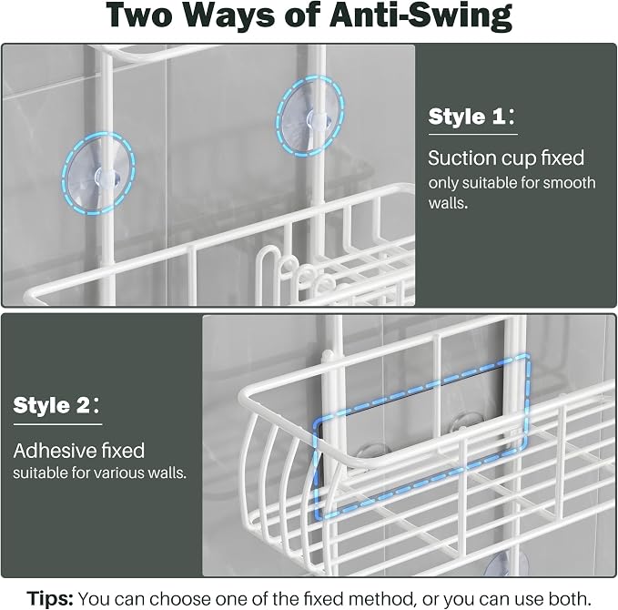 Epicano Shower Caddy Hanging Over Head, White,Stainless Steel | Rustproof,4 Hooks for Towels,Sponge and & Bathroom Accessories,Anti-Swing Suction Cups & Adhesive hooks