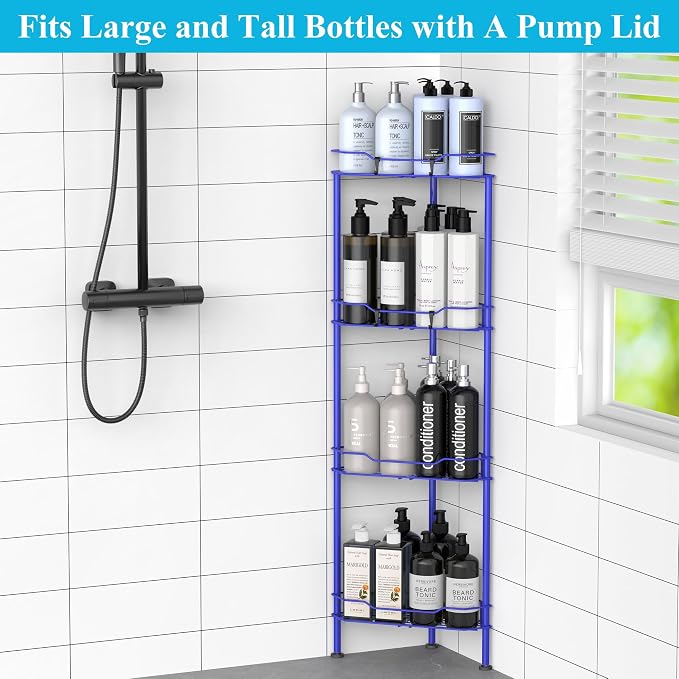 HuggieGems Metal Floor Standing Corner Shower Caddy, Dark Blue, 4 Tier | Adhesive Bathroom Organizer Shelves, Free Standing Shower Rack with Hooks, Hold Large Shampoo Bottles