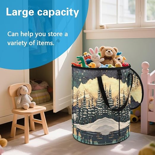 Mountain Lake Printed Outdoor Trash Can with Lid Large Collapsible Trash Can for Car Waterproof Garbage Bags for Bedroom, Yard, Camping, Picnic Home Decoration