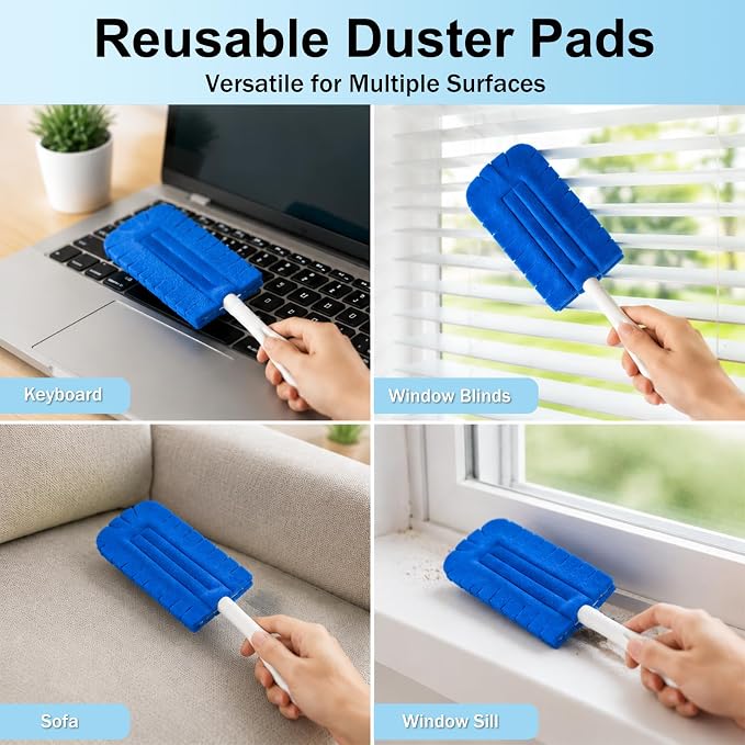 Reusable Duster Refills, 5 Pack Washable Fleece Dusting Pads & 1 Hand Duster, Heavy Duty 360° Microfiber Duster Refills for Furniture, Ceiling Fans, Blinds, Shelves & Home Cleaning