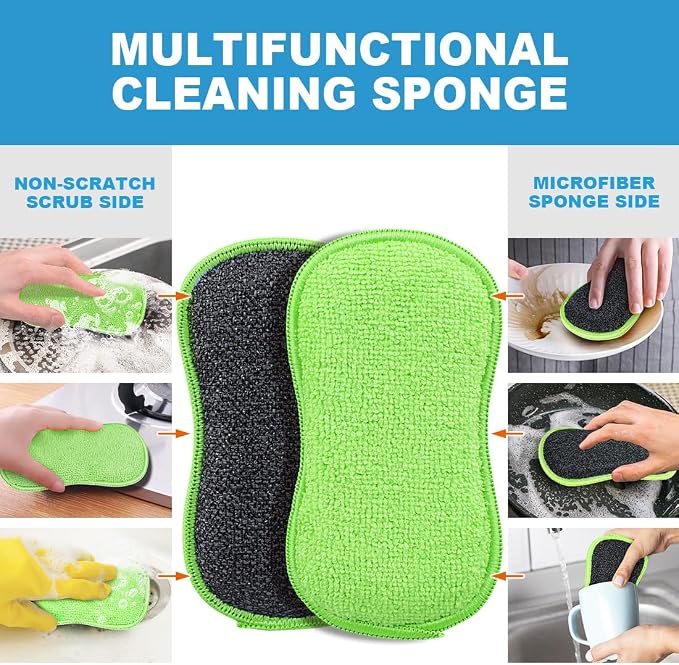 HOMEXCEL Dish Sponge 12 PK, Microfiber Kitchen Sponges for Cleaning, Green | Non Scratch Microfiber Sponges for Washing Dishes, Double-Sided Scrub Sponge for Pots, Pans, Glass