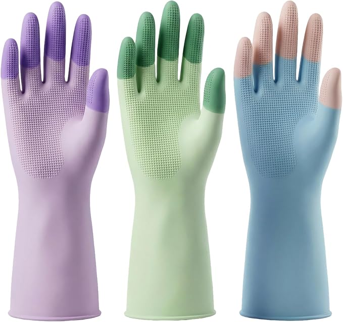 Dishwashing Gloves, Reusable Rubber, Non-Slip Grip, 3 Pair | Waterproof and gentle on the skin, with textured palms. Breathable lining for kitchen, bathroom, and household chores.