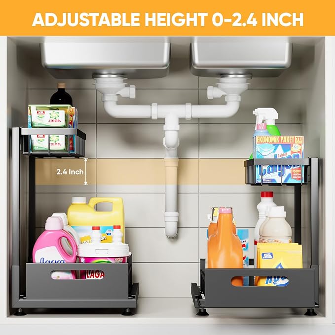 L-Shaped Under Sink Organizer, 2-Tier Pull-out Cabinet Rack 1-Pack | Black Height-Adjustable Steel Rack, Sliding Grid Drawers with PP Liners, Holds 100 Lbs, Suction Base, Ideal Kitchen Storage