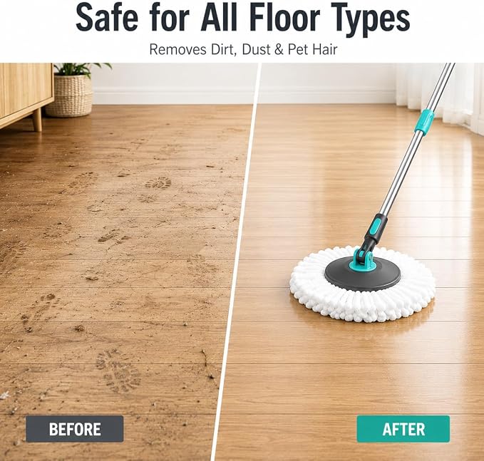 Lambert Home Spin Mop and Bucket Set with Wringer, Hands-Free Self-Wringing Floor Mop, 2 Washable Microfiber Mop Heads, 42.1-50 in Adjustable Stainless Steel Handle, Gray Blue