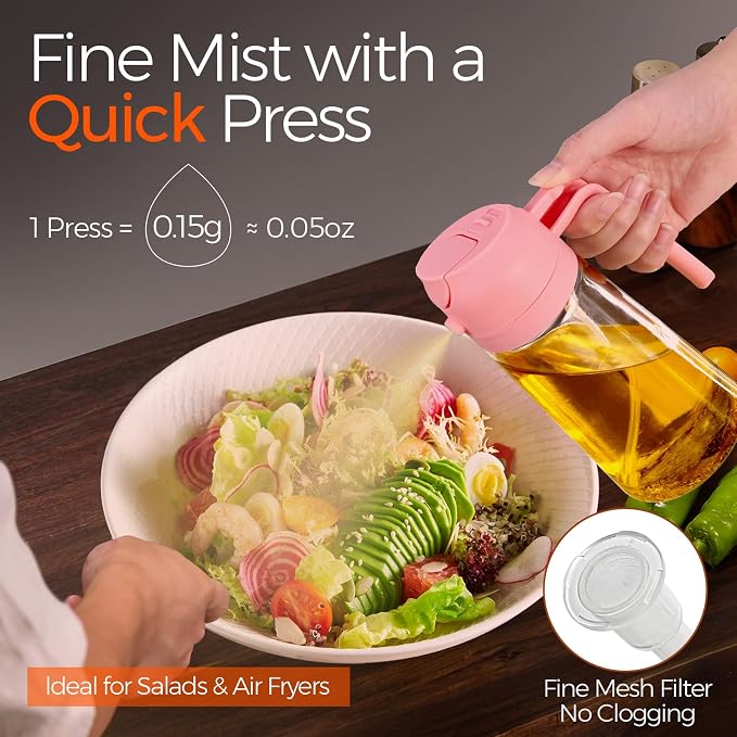 YARRAMATE 2Pcs 16oz/470ml Glass Olive Oil Sprayer for Cooking with Stickers, 2 in 1 Oil Dispenser for Kitchen Gadgets, Food Grade Premium Spray Bottle with Portion Control for Salad, BBQ (Pink&Black)