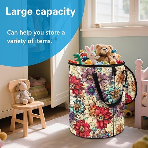 BIGCARJOB Boho Floral Large Trash Can with Lids, Camping Trash Can Collapsible Garbage Cans Water Resistant Garbage Bin Storage Holder for Outside, 22.83x17.71 in