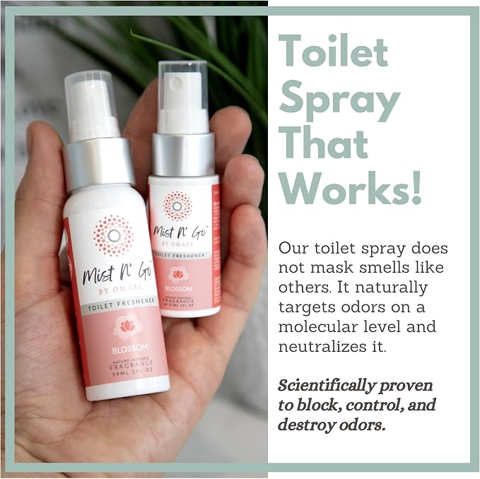 Mist N’ Go by Omaze Travel Bathroom Spray for Toilet Spray Odor Eliminator - Travel Toilet Spray for Bathroom Air Freshener Spray for Bathroom Deodorizer - Blossom Regular Size (2oz x3)