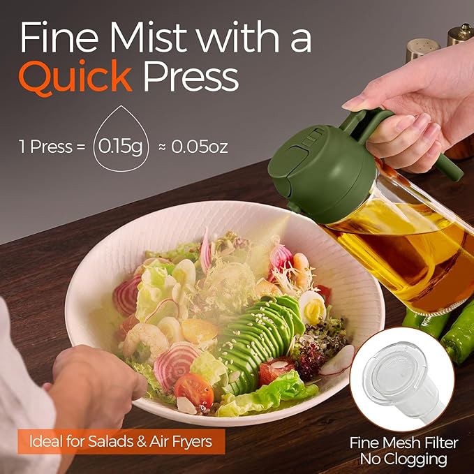 YARRAMATE 16 oz 2-in-1 Glass Olive Oil Sprayer for Cooking, OliveGreen | Food-grade dispenser bottle, 470 ml, spray and pour, portion control, stickers included, for salad, frying and BBQ