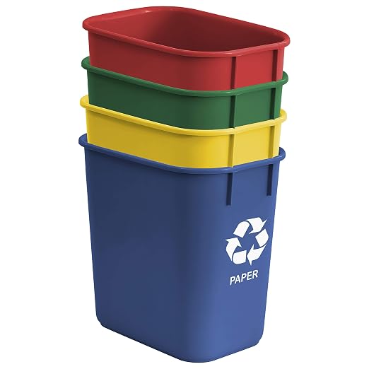 Acrimet Wastebasket Bin for Recycling, 3.25 Gallon/13 Quart/12 Liter (Made of Plastic) (Metal/Yellow, Paper/Blue, Glass/Green, Plastic/Red) (Set of 4)