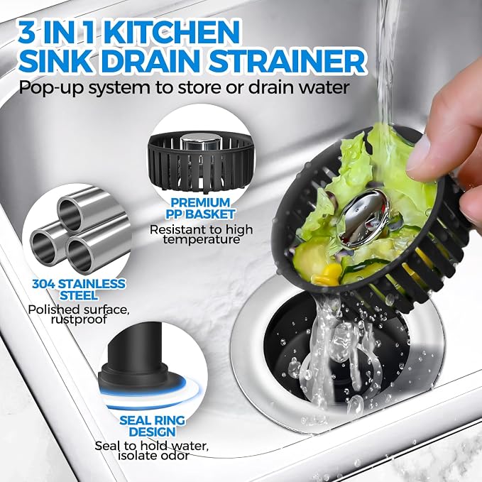 zaa 3 in 1 Kitchen Sink Drain Strainer Stopper Removable Basket Pop-Up | Kitchen Sink Accessories 2 Pack Black Stainless - Food Catcher, Odor-Blocking Seal, Fits 3.5" Drain, Easy Clean