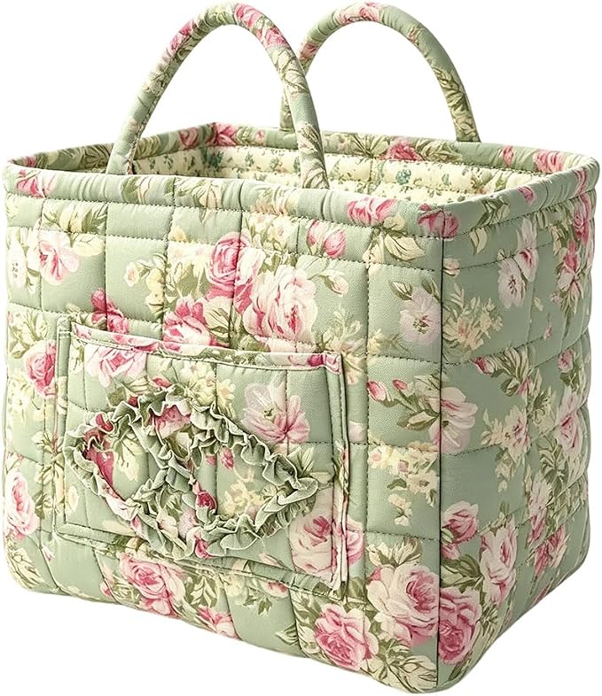 Foldable Laundry Boho Floral Quilted Storage Bin Basket with Handles for Clothes, Car Organizer, Collapsible Hamper ，12