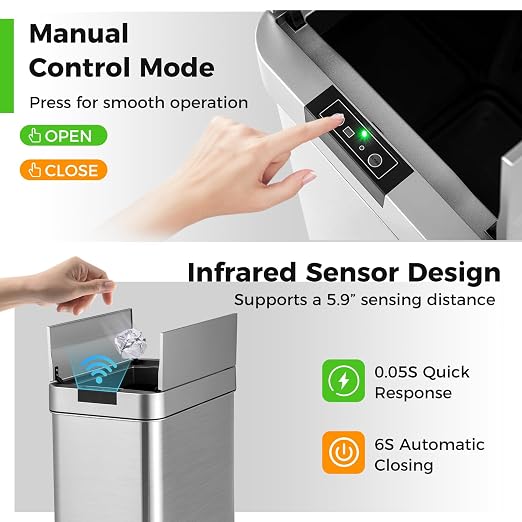 S AFSTAR Motion Sensor Trash Can, 13.2 Gal Slim Kitchen Trash Can with Wing Lids, Infrared Automatic Touchless Waste Bin Stainless Steel Trash Bin for Narrow Space Bathroom Bedroom