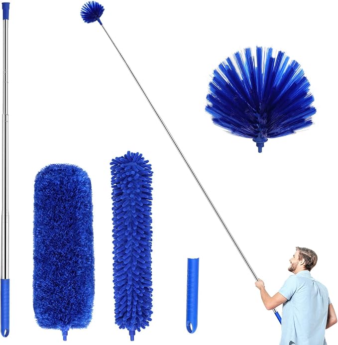ZZ LAZYCOTTAGE Duster, Microfiber Dusters with 2 Handle Sets, Durable 15-98.1 Inches Long Telescopic Rod, Washable, Feather Dusters for Cleaning Cobweb and Ceilings Fans, 5 Pack (Blue)