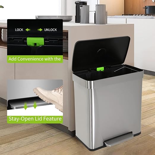 Kitchen Trash can Brushed Stainless Steel Dual Trash can 2 x 8 Gal Garbage Can Kitchen Step Trash Can with Soft-Close Lid Mute Designed Trash Bin for Office, Silver