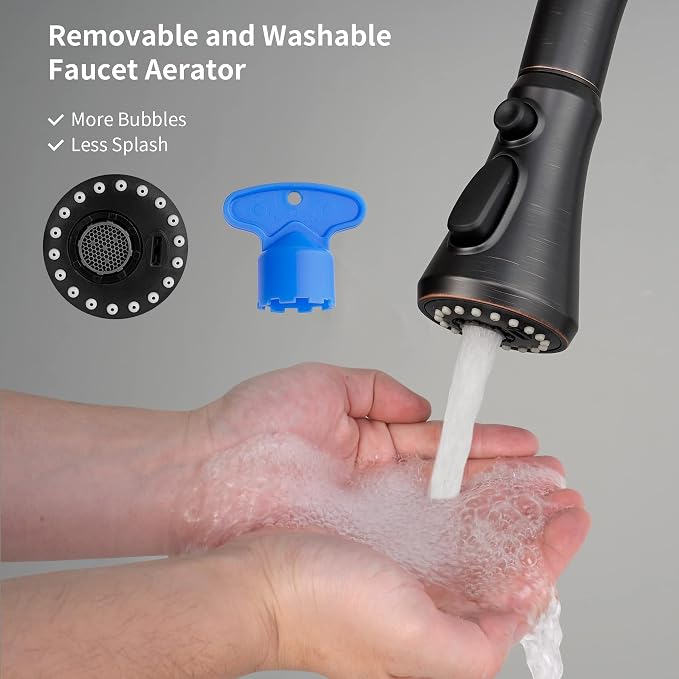 Hibbent Pull Down Spray Head for Kitchen Faucet, 3-Function Sink Nozzle | NSF/ANSI/CAN 61 & cUPC Certified Faucet Head Replacement, 15 Adapters, Compatible with Moen, Delta, Kohler, Oil-Rubbed Bronze