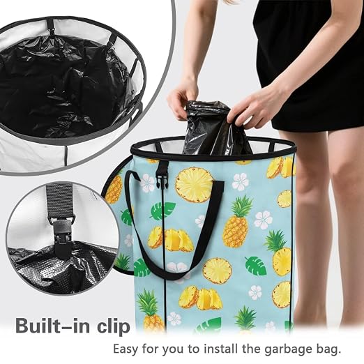 BIGCARJOB Pineapple Collapsible Trash Can Portable Tall Trash Can Holder Oval Recycling Bin 22.83x17.71 Outside Garbage Bin Bag with Clip and Zipper Lid