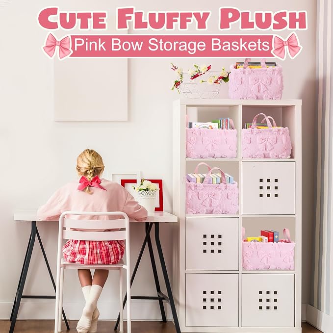 2 Pcs Pink Bow Storage Basket 14x10'' Back to School Gift Baskets