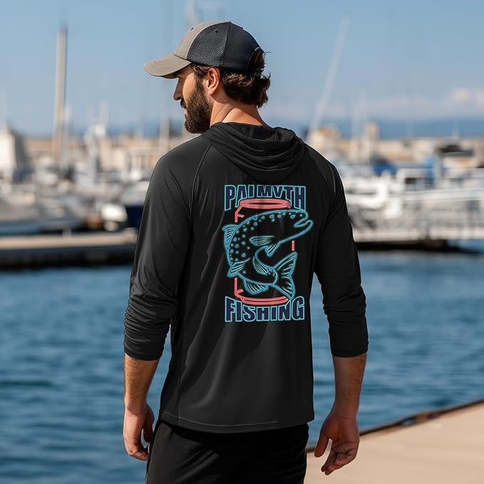 Palmyth Men's Fishing Hoodie UPF 50+ Long Sleeve with Face Mask Neck Gaiter | Zipper Pocket, Thumb Loops, Quick-Dry, Side Mesh Panels, Lens Cleaning Cloth