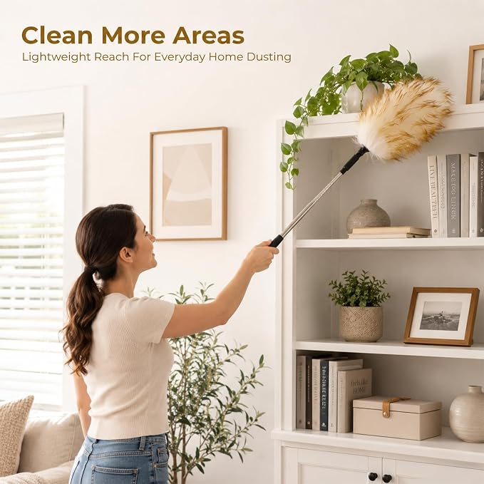 Lambswool Extendable Cleaning Duster 26-54 Inch, Stainless Steel Pole, Soft Non-Slip Handle, Washable & Reusable for High Ceiling Fans, Blinds, Furniture - Yellow & White