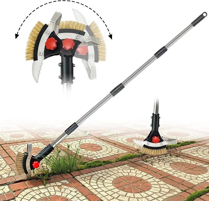 Crevice Weeding Tool Long Handle - Weed Scraper for Patio Pavers | Stainless Steel Weed Brush & Dual Scrapers, Adjustable 30.3"-58.66" Handle, for Driveway Sidewalk Patio Paver Crevice Weeding