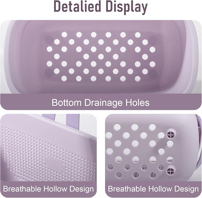 Portable Shower Caddy Basket with Handles Plastic Storage Basket ‌Purple | Sturdy Drainage Large Capacity Organizer Basket with Silicone Handles for Bathroom Kitchen Bedroom College Dorm Essentials