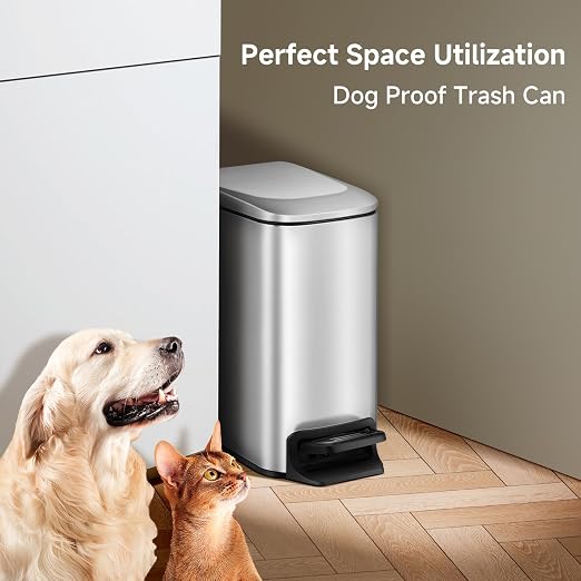 TIPGO Small Bathroom Trash Can with Lid, 1.6 Gal, Soft Close, Silver | Foot Pedal, Soft Quiet Lid, 5.9'' Slim for Narrow Space, Stainless Steel, Anti-fingerprint, Removable Inner Bucket, Odor Seal