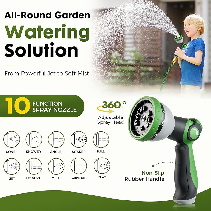 Garden Hose 25FT, Lightweight Flexible Water Hose | Solid Brass Fittings,10 Function nozzle, Wear Resistant, Non-Expandable, Yard, Lawn, Car Washing