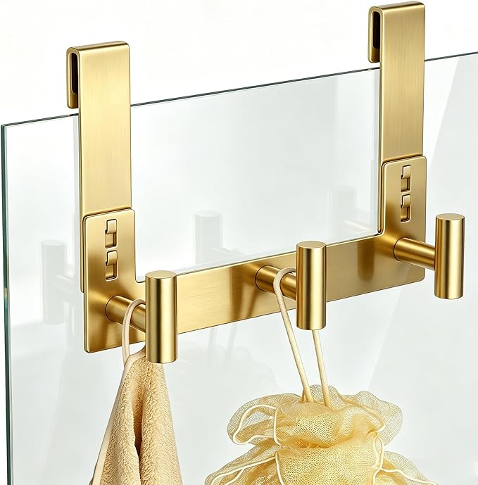 PMMASTO No-Drill Extra Long Shower Hooks, Fits 3/8" Thick Door, Heavy Duty Stainless Steel Towel Hooks for Frameless Glass Shower Door, Holds Bathrobe Towel (Gold, 3 T-Hooks)