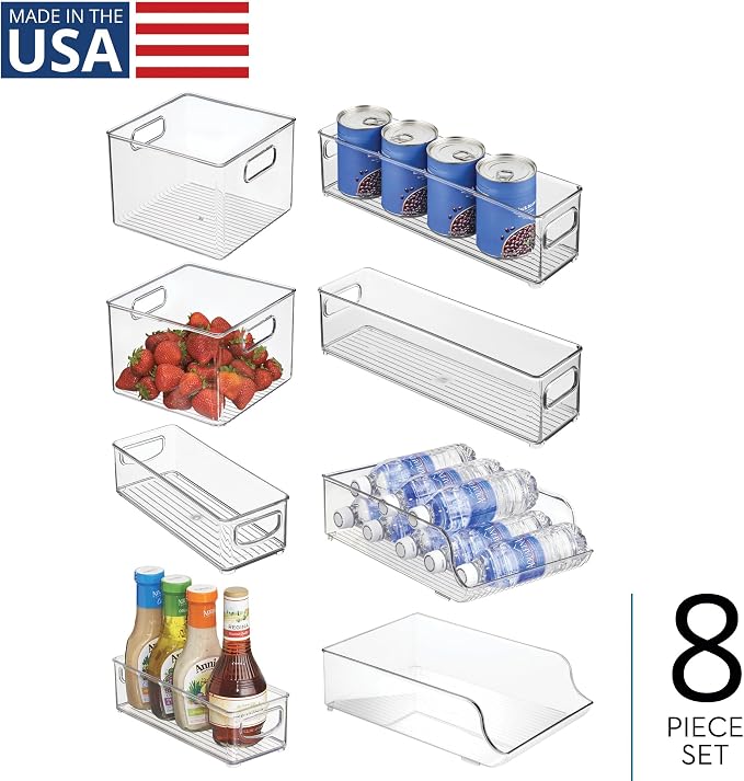 iDesign Fridge Storage Bin Set, Set of 8, Clear | Includes Bins with Handles, Water Bottle Holder