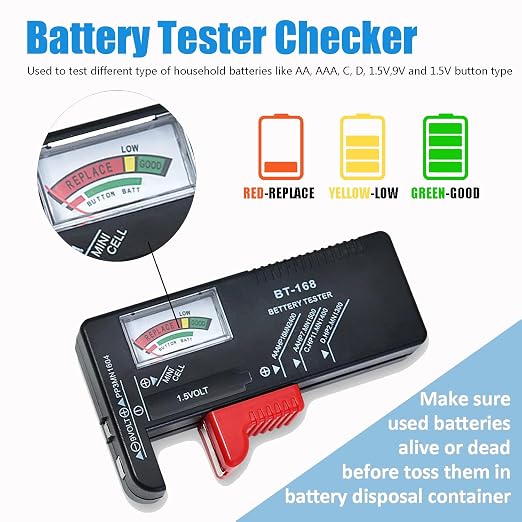 Battery Recycling Container with Battery Tester for Household Batteries, Compact Small Used Battery Disposal Container with Flip-up lid for Home Use, Office, Garage, Schools (1.3L)