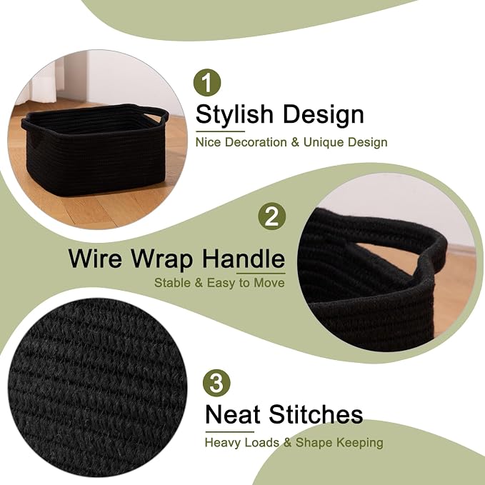 OIAHOMY 3 Pack Storage Baskets for Shelves Cotton Rope Storage Bins Black | Woven Baskets for Storage Nursery Storage Basket with Handles Baskets for Organizing Small Baskets Gift Baskets Empty