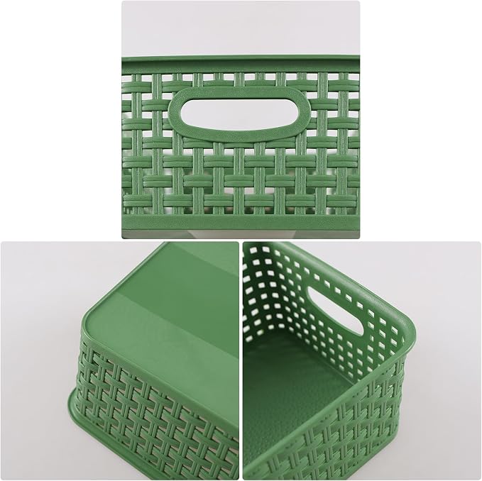 Sadstory Green Plastic Woven Storage Basket, Plastic Shelf Basket, 6 Packs | Deep Green Small Plastic Organizer Baskets for Bathroom, Kitchen, Pantry