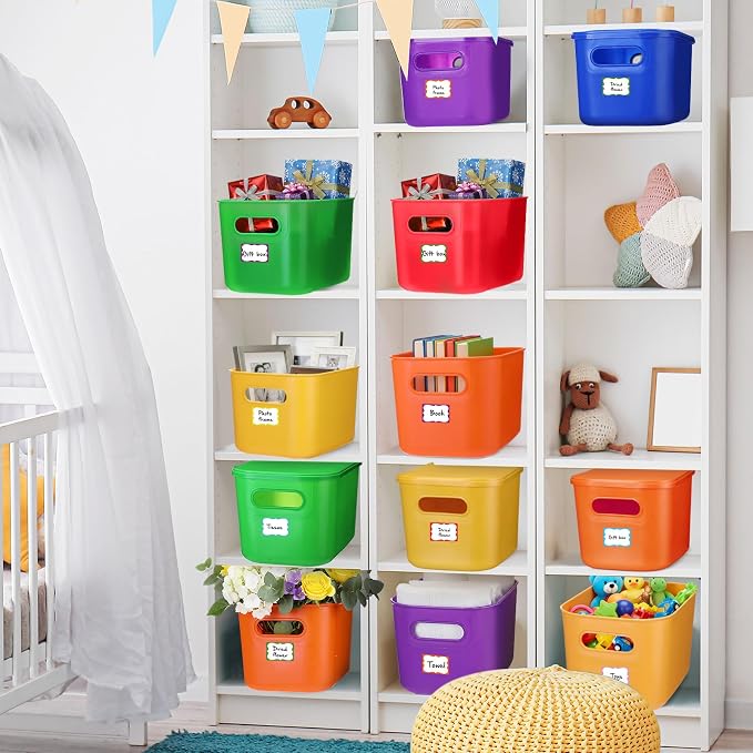 Thyle 6 Pack Colorful Plastic Storage Bins with Lids 7 Quart Vibrant Colored Toy Storage Box Stackable Nestable Organizer Box with Handle and Label for Classroom Shelf Bedroom Desktop School Supplies