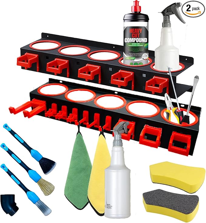 2 Pack Wall-mounted Spray Bottle Holder with Bottle and Brushes | Garage Bottle Organizer for Car Cleaning Detailing Tools,Abrasive Material Hanging Rail Car Beauty Shop Accessory