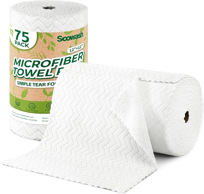 Microfiber Cleaning Cloths Roll 75 Pack 12x12 Inch Lint Free | Tear away design, lint free, washable, scratch free, ultra absorbent, for dish rags and household cleaning, White color