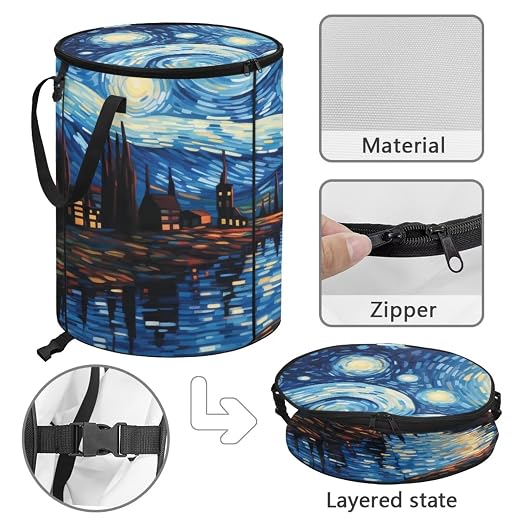 Starry Night Oil Painting 24 Gallon Camping Trash Can Collapsible Outdoor Garbage Can with Lid Waterproof Easy to Clean Reusable Trash Bin for Patio Yard Garden Kitchen Laundry
