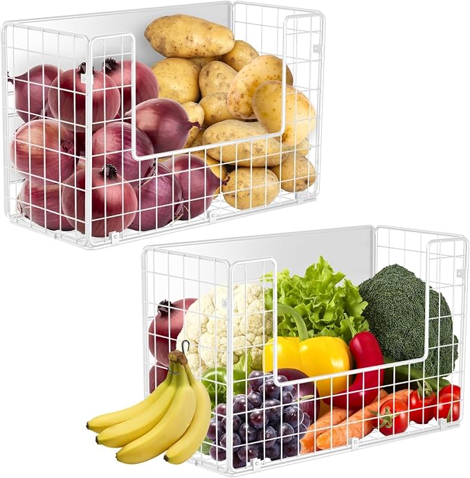 Magnetic Fridge Shelf, Fruit Potato & Onion Storage Bins, Pantry Organizers, Large Container Basket for Refrigerator, Kitchen Counter, Cabinet (2, White)