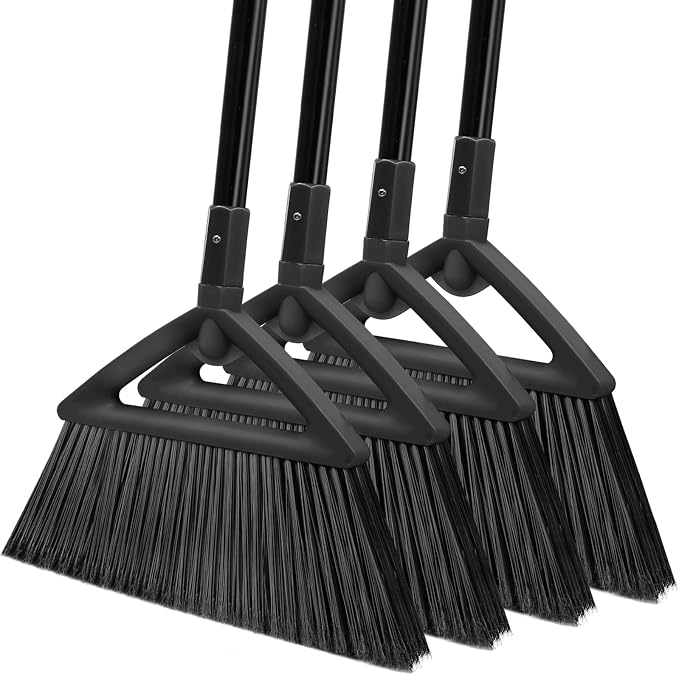 Heavy Duty Black Angle Broom with Long Handle - 4 Pack | Versatile indoor/outdoor sweeping, for courtyard/garage/sidewalk/kitchen/lobby/canteen, durable & efficient